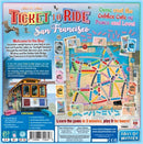 Back cover of the Ticket to Ride: San Francisco game by Days of Wonder. The design features a colorful map of San Francisco with various points of interest, such as the Golden Gate Bridge. Descriptive text introduces the game, highlighting its accessibility and enjoyment for 2-4 players, ages 8 and up. The layout includes illustrations of tokens, game components, and instructions for quick understanding, appealing to families and game enthusiasts.