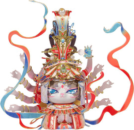 The Flying Apsaras of the Dunhuang Caves by Mu Model showcases a beautifully crafted figure adorned with vibrant colors, intricate patterns, and delicate ribbons. The figure has a serene expression, complemented by a regal headpiece and multiple arms, each holding elegant items, embodying the artistic heritage of the Dunhuang Caves.