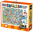 The Easy English 100 Words City jigsaw puzzle from Headu features a colorful and detailed illustration of a bustling city scene. The box showcases various vehicles like cars and trams, along with numerous buildings, people, and activities, making it an engaging educational tool for children aged 4-8 to learn vocabulary through play.