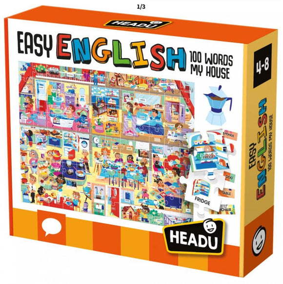 Easy English 100 Words My House jigsaw puzzle by Headu. Features vibrant illustrations of rooms and items found in a house, designed for children aged 4-8 to learn household vocabulary.