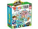 Headu World Tour jigsaw puzzle box featuring colorful illustrations of various animals from around the world. The box showcases a giant puzzle intended for ages 5-10, designed to be educational and fun for kids. It depicts a map with diverse animals such as a panda, tiger, and whale, encouraging learning about wildlife and geography.