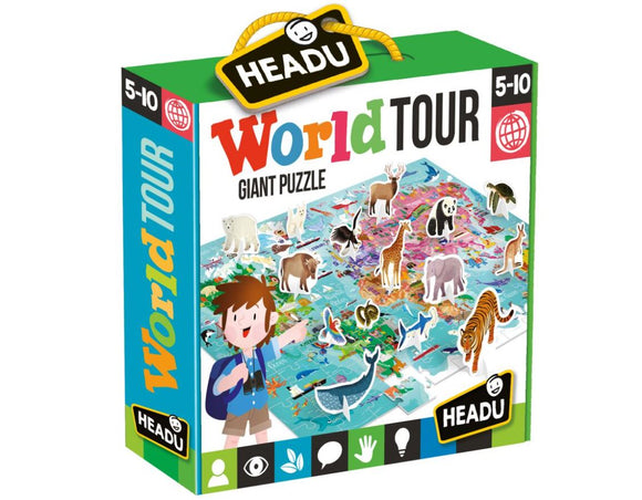 Headu World Tour jigsaw puzzle box featuring colorful illustrations of various animals from around the world. The box showcases a giant puzzle intended for ages 5-10, designed to be educational and fun for kids. It depicts a map with diverse animals such as a panda, tiger, and whale, encouraging learning about wildlife and geography.