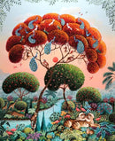 A vibrant jigsaw puzzle titled 'Pride of Peacocks' by Marie Amalia, featuring a colorful scene with peacocks in lush foliage, a stylized tree filled with vibrant colors, and tropical elements. The serene landscape includes a winding river and various flora and fauna, creating a captivating and intricate design perfect for puzzle enthusiasts.
