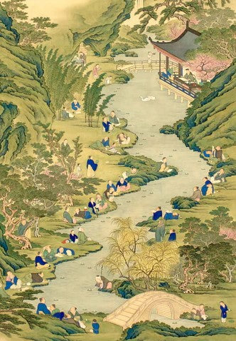 A beautifully illustrated jigsaw puzzle titled 'Poets by a Winding Stream' by Artifact Wooden Puzzles. The artwork features serene figures of poets gathered by a meandering stream, surrounded by lush greenery and a traditional building. The intricate details and vibrant colors depict a peaceful natural scene, enhancing the puzzle experience.