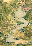 A beautifully illustrated jigsaw puzzle titled 'Poets by a Winding Stream' by Artifact Wooden Puzzles. The artwork features serene figures of poets gathered by a meandering stream, surrounded by lush greenery and a traditional building. The intricate details and vibrant colors depict a peaceful natural scene, enhancing the puzzle experience.