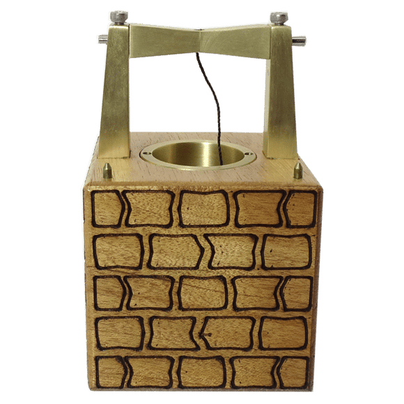 Abraham's Well by Mr. Puzzle is a mechanical puzzle featuring a wooden base designed to resemble a brick well, complete with metal components at the top. The intricate design and craftsmanship invite users to engage in problem-solving and exploration.