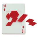 A Ten of Diamonds mechanical puzzle by Mr. Puzzle, featuring a white card with the number 10 and red diamond shapes. The pieces are shown partially removed from the card, illustrating their unique geometric design.