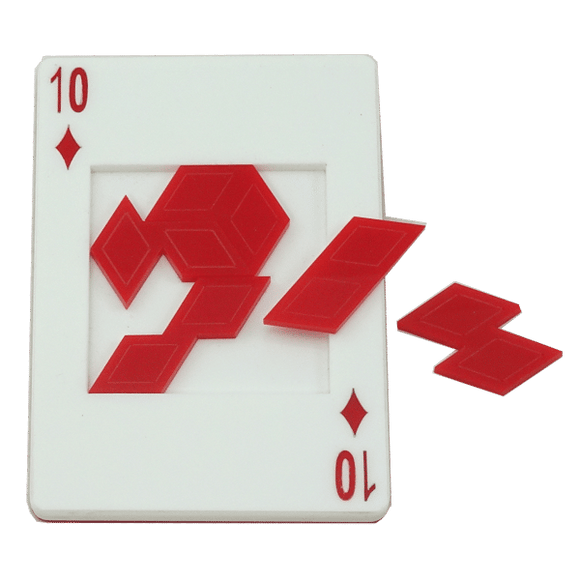 A Ten of Diamonds mechanical puzzle by Mr. Puzzle, featuring a white card with the number 10 and red diamond shapes. The pieces are shown partially removed from the card, illustrating their unique geometric design.