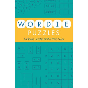 Wordie Puzzles book cover featuring a vibrant turquoise background with various word puzzles displayed. The title 'Wordie Puzzles' is prominently featured in bold white letters with a bright yellow bar beneath it, alongside the tagline 'Fantastic Puzzles for the Word Lover'. The layout includes crossword-style grids and various word formations, appealing to puzzle enthusiasts.