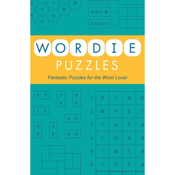 Wordie Puzzles book cover featuring a vibrant turquoise background with various word puzzles displayed. The title 'Wordie Puzzles' is prominently featured in bold white letters with a bright yellow bar beneath it, alongside the tagline 'Fantastic Puzzles for the Word Lover'. The layout includes crossword-style grids and various word formations, appealing to puzzle enthusiasts.