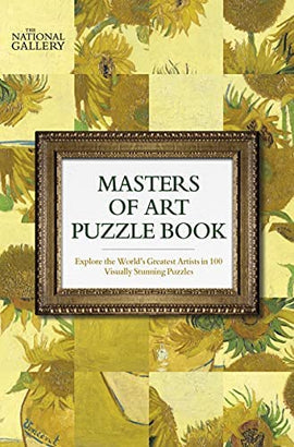 The National Gallery Masters of Art Puzzle Book features a decorative cover with vibrant artwork reminiscent of famous paintings. The title is prominently displayed in elegant font within a framed design. This book invites readers to explore 100 puzzles inspired by the world's greatest artists, offering a visually stunning experience.