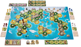 Catan Dawn of Humankind game board displayed with hexagonal tiles in vibrant colors, featuring land, sea, and various resources available for players. Includes game pieces, cards, and dice, set for an engaging strategic gameplay experience.