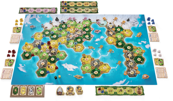 Catan Dawn of Humankind game board displayed with hexagonal tiles in vibrant colors, featuring land, sea, and various resources available for players. Includes game pieces, cards, and dice, set for an engaging strategic gameplay experience.