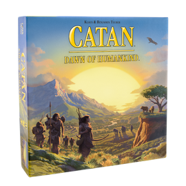 Catan Dawn of Humankind game box featuring a colorful landscape with mountains, a river, and prehistoric figures exploring. The sun rises in the background, creating a serene atmosphere.