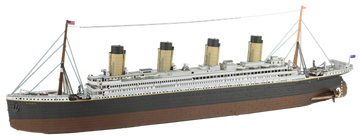 Detailed DIY model kit of the RMS Titanic by Fascinations, featuring realistic design elements such as three chimneys, deck details, and masts, showcasing the iconic ship's features in a miniature format.