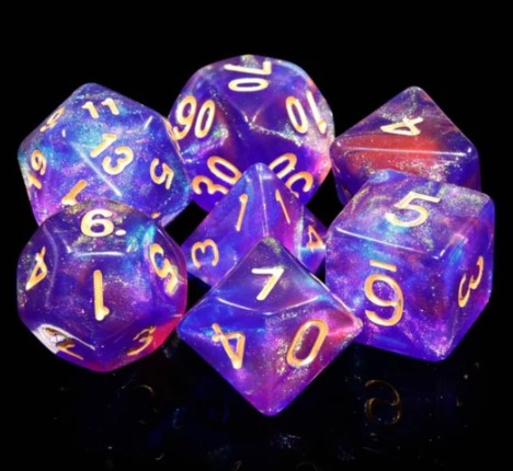 A vibrant Blue Enchantress RPG Dice Set featuring seven polyhedral dice in shades of blue and purple with glittery sparkles. The numbers are embossed in gold for easy readability, making them perfect for tabletop gaming and role-playing adventures.