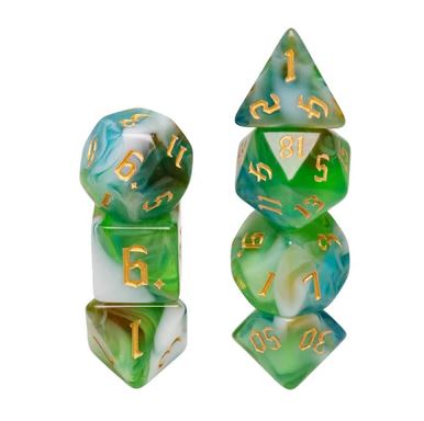 Spring Breeze RPG Dice Set by Foam Brain featuring a vibrant collection of multi-colored dice in shades of green and blue, ideal for tabletop gaming. The set includes various shapes, such as d4, d6, d8, d10, d12, and d20, all with clear numbering, perfect for enhancing your role-playing adventures.