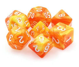 A vibrant Lemon Sorbet RPG Dice Set composed of seven polyhedral dice in marbled orange and yellow colors. Each dice features white numbers, enhancing clarity and style. Perfect for tabletop gaming and role-playing adventures.
