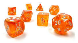 A vibrant 7-piece dice set in Borealis Blood Orange and White, featuring various die shapes including d20, d12, d10, d8, d6, and d4. The dice have clear numbers and an artistic design, perfect for tabletop gaming and RPG enthusiasts.