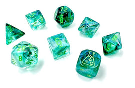 A vibrant 7 piece dice set in Borealis Kelp and light green hues. The dice feature unique swirling patterns and are numbered in bright yellow. This gem-like set includes various shapes such as a d20, d12, and d6, perfect for tabletop gaming and role-playing adventures.