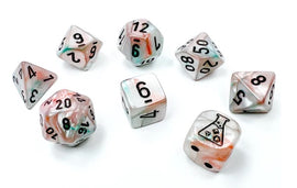 A 7-piece dice set featuring lustrous sea shell and black luminary designs. The set includes a variety of polyhedral dice, showcasing vibrant colors with black numbering and a unique design on one die resembling a laboratory flask.