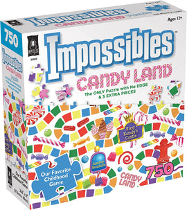 Impossibles Candy Land jigsaw puzzle by bePuzzled featuring a colorful candy-themed design with iconic elements like King Kandy's Castle and Gumdrop Mountains. The box showcases a vibrant array of candy pieces and boasts the uniqueness of having no edges along with 5 extra pieces. Suitable for ages 12 and up, this puzzle offers both fun and a nostalgic nod to the classic Candy Land game.