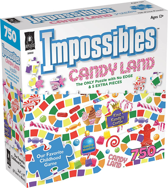 Impossibles Candy Land jigsaw puzzle by bePuzzled featuring a colorful candy-themed design with iconic elements like King Kandy's Castle and Gumdrop Mountains. The box showcases a vibrant array of candy pieces and boasts the uniqueness of having no edges along with 5 extra pieces. Suitable for ages 12 and up, this puzzle offers both fun and a nostalgic nod to the classic Candy Land game.