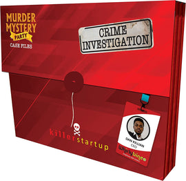 Killer Startup Murder Mystery game by bePuzzled features a vibrant red packaging with the words 'Murder Mystery Party Case Files' and a label that reads 'Crime Investigation'. It includes a name tag for a character named Dan Killian, labeled as CEO, alongside a skull graphic.