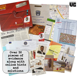 The Killer Startup Murder Mystery game by bePuzzled, featuring a red crime investigation folder surrounded by various evidence pieces, including a map of Seattle, newspaper clippings, police reports, and photographs of suspects. The game promotes teamwork and critical thinking through the investigation of a fictional crime using over 50 pieces of evidence along with online hints and solutions.