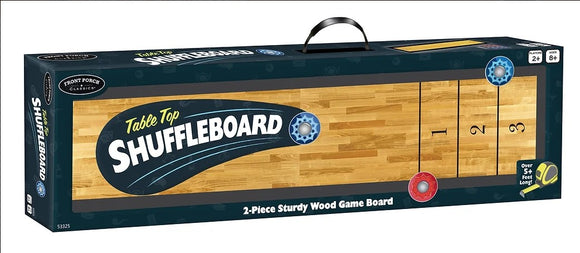 Front Porch Classics Table Top Shuffleboard game featuring a 2-piece sturdy wood game board. The packaging highlights its suitability for 2+ players, ages 8 and up, and indicates it is over 5 feet long, perfect for family game nights and gatherings.