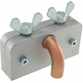 A mechanical puzzle designed by Jean-Claude Constantin, featuring an aluminum body with a shiny metallic finish. The puzzle includes two wing nuts and a copper-colored tube, challenging users to find the solution while engaging with its unique design.