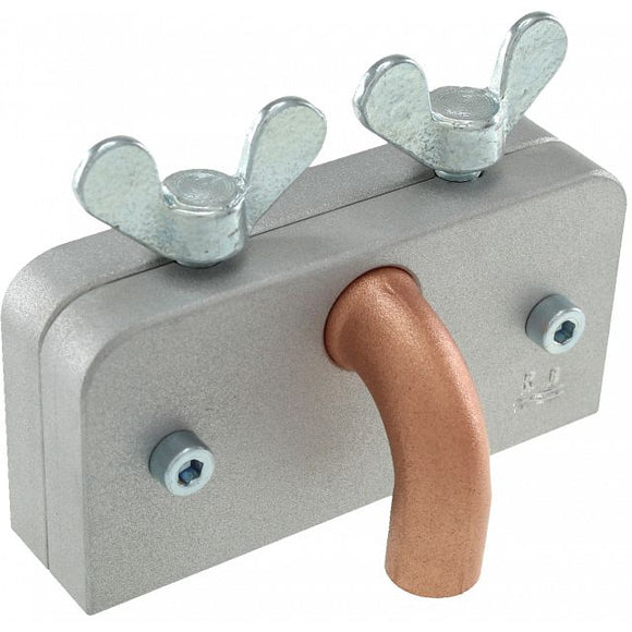 A mechanical puzzle designed by Jean-Claude Constantin, featuring an aluminum body with a shiny metallic finish. The puzzle includes two wing nuts and a copper-colored tube, challenging users to find the solution while engaging with its unique design.