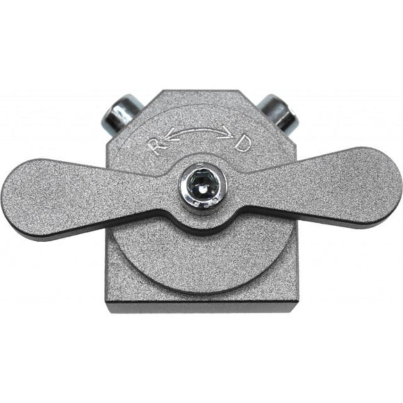 An aluminum propeller from Jean-Claude Constantin, showcasing a sleek metallic design with a rotating mechanism. It features directional indicators and a central attachment point, ideal for mechanical puzzle enthusiasts.