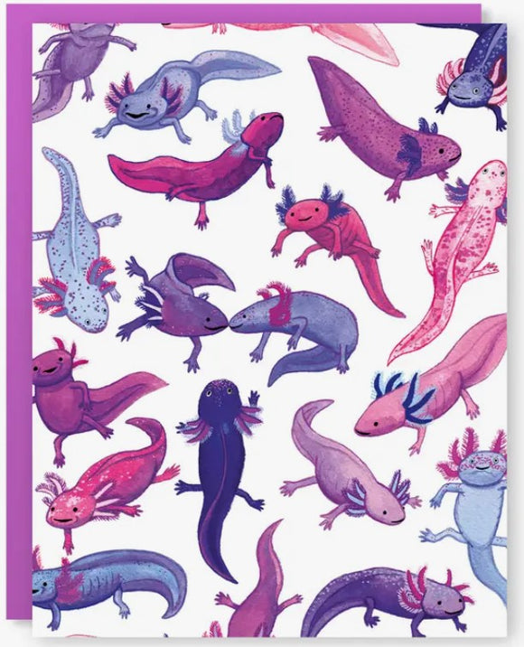 Colorful greeting card featuring a whimsical pattern of various axolotl illustrations in shades of pink, purple, and blue. The card is bordered with a vibrant purple edge, making it a cheerful addition for any occasion.