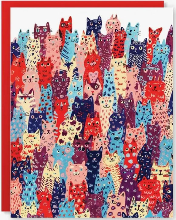 Colorful Cat Club Card featuring a whimsical design filled with various cats in different colors and patterns, set against a vibrant red background. Perfect for cat lovers, this card adds a playful touch to any occasion.