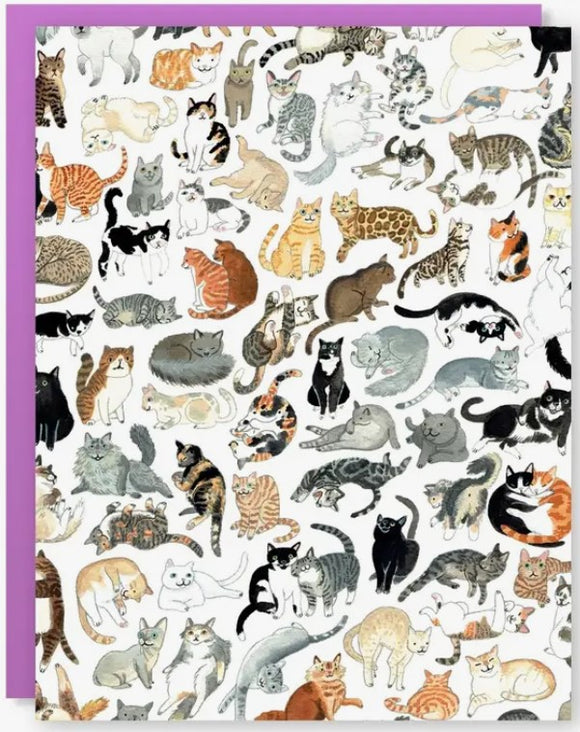 Colorful Cat Clutter Card featuring a whimsical illustration of various cat breeds and playful cat poses on a white background, complemented by a purple border. Perfect for cat lovers and as a decorative greeting card.