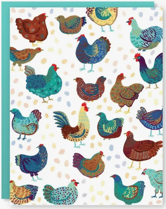A colorful greeting card featuring an array of beautifully illustrated chickens in various colors and patterns set against a white background. The card is bordered with a teal edge, adding a vibrant touch. Perfect for any poultry lover or as a whimsical gift.