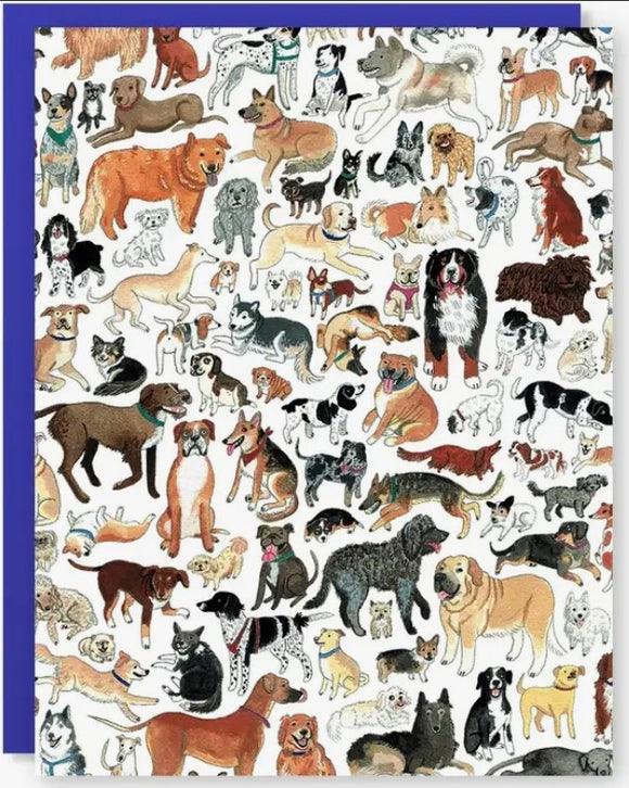 Dog Park Card featuring colorful illustrations of various dog breeds in playful poses. The card has a vibrant blue border and depicts a lively scene of dogs, making it perfect for pet lovers.