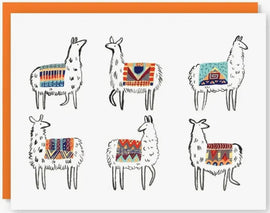 A colorful Llama-rama card featuring six illustrated llamas, each adorned with unique patterned blankets. The llamas are depicted in various poses, adding a playful touch to the design. The card is bordered with a vibrant orange edge, making it a delightful choice for any occasion.