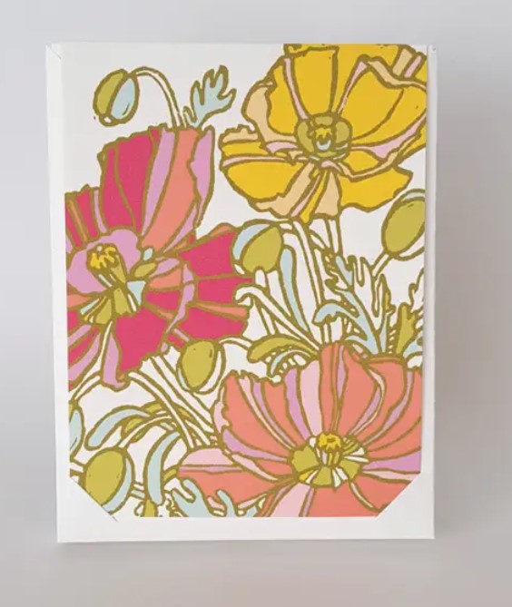 A vibrant Icelandic Poppy Botanical Card featuring intricate illustrations of pink and yellow poppy flowers accented with green leaves and buds. The card showcases a modern design with a clean, white background, making it an ideal choice for greetings or special occasions.