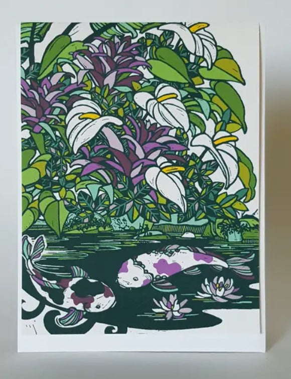 A beautiful illustration featuring tropical wild lilies and tranquil koi fish in a pond. The lush greenery and vibrant colors create a serene aquatic scene, perfect for nature lovers.
