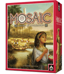 The game 'Mosaic: A Story of Civilization' by Forbidden Games features an intricately designed box. The artwork depicts an ancient scene with a royal figure adorned with jewelry beside a serene river, while figures engage in various activities related to agriculture and trade in the background. The title 'Mosaic' is prominent and embellished with decorative elements, showcasing the game's theme of civilization building.