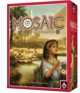 The game 'Mosaic: A Story of Civilization' by Forbidden Games features an intricately designed box. The artwork depicts an ancient scene with a royal figure adorned with jewelry beside a serene river, while figures engage in various activities related to agriculture and trade in the background. The title 'Mosaic' is prominent and embellished with decorative elements, showcasing the game's theme of civilization building.