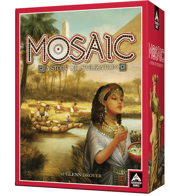 The game 'Mosaic: A Story of Civilization' by Forbidden Games features an intricately designed box. The artwork depicts an ancient scene with a royal figure adorned with jewelry beside a serene river, while figures engage in various activities related to agriculture and trade in the background. The title 'Mosaic' is prominent and embellished with decorative elements, showcasing the game's theme of civilization building.