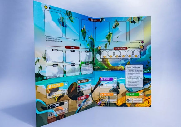 Libertalia: Winds of Galecrest game board featuring colorful artwork of tropical islands, character tracks, loot options, and game instructions. The layout includes designated spaces for chests, relics, amulets, and progress on various game elements, making it visually engaging for players.