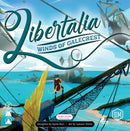 Libertalia: Winds of Galecrest board game box featuring vibrant artwork of a pirate-themed adventure. The cover showcases detailed illustrations of ships, pirates, and a scenic ocean background. Designed by Paolo Mori and featuring art by Llamaro Smith, this game invites players to explore strategy and tactics in a captivating world.