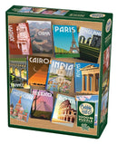 The 'Where to Next?' jigsaw puzzle by Cobble Hill features vibrant travel-themed images, showcasing iconic landmarks from various countries, including the Eiffel Tower and the Great Wall of China. This 1000-piece puzzle comes in an attractive box design, perfect for puzzle enthusiasts and travelers alike.