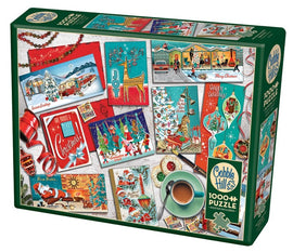 Mid Mod Seasons's Greetings jigsaw puzzle by Cobble Hill featuring vintage Christmas card designs, holiday scenes, a reindeer, and festive accents. Includes 1000+ pieces and a bonus poster for easy reference.