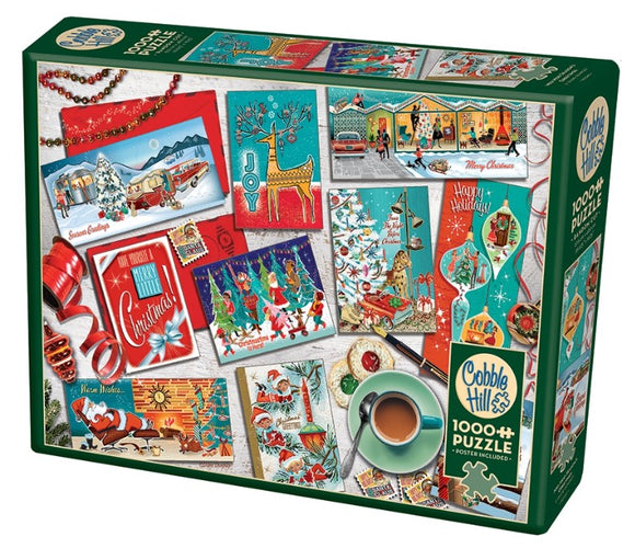 Mid Mod Seasons's Greetings jigsaw puzzle by Cobble Hill featuring vintage Christmas card designs, holiday scenes, a reindeer, and festive accents. Includes 1000+ pieces and a bonus poster for easy reference.