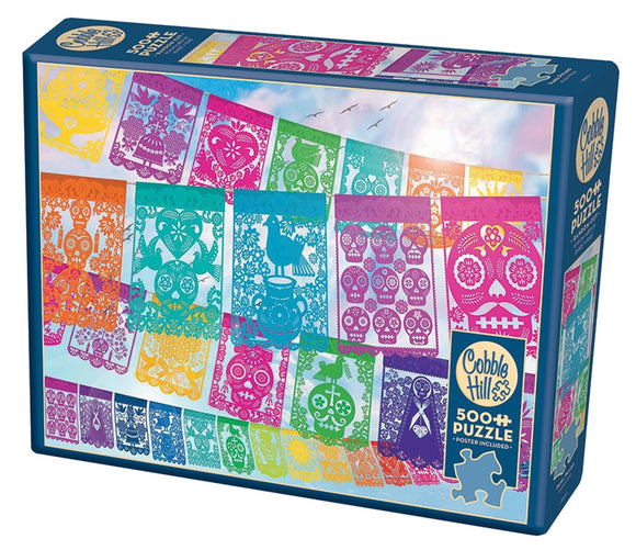 Papel Picado jigsaw puzzle by Cobble Hill featuring vibrant designs inspired by traditional Mexican papel picado art. The box displays colorful cut-out patterns, including skulls and flowers, inviting users to assemble 500+ interlocking pieces, perfect for family fun or individual relaxation. A poster is included for reference.